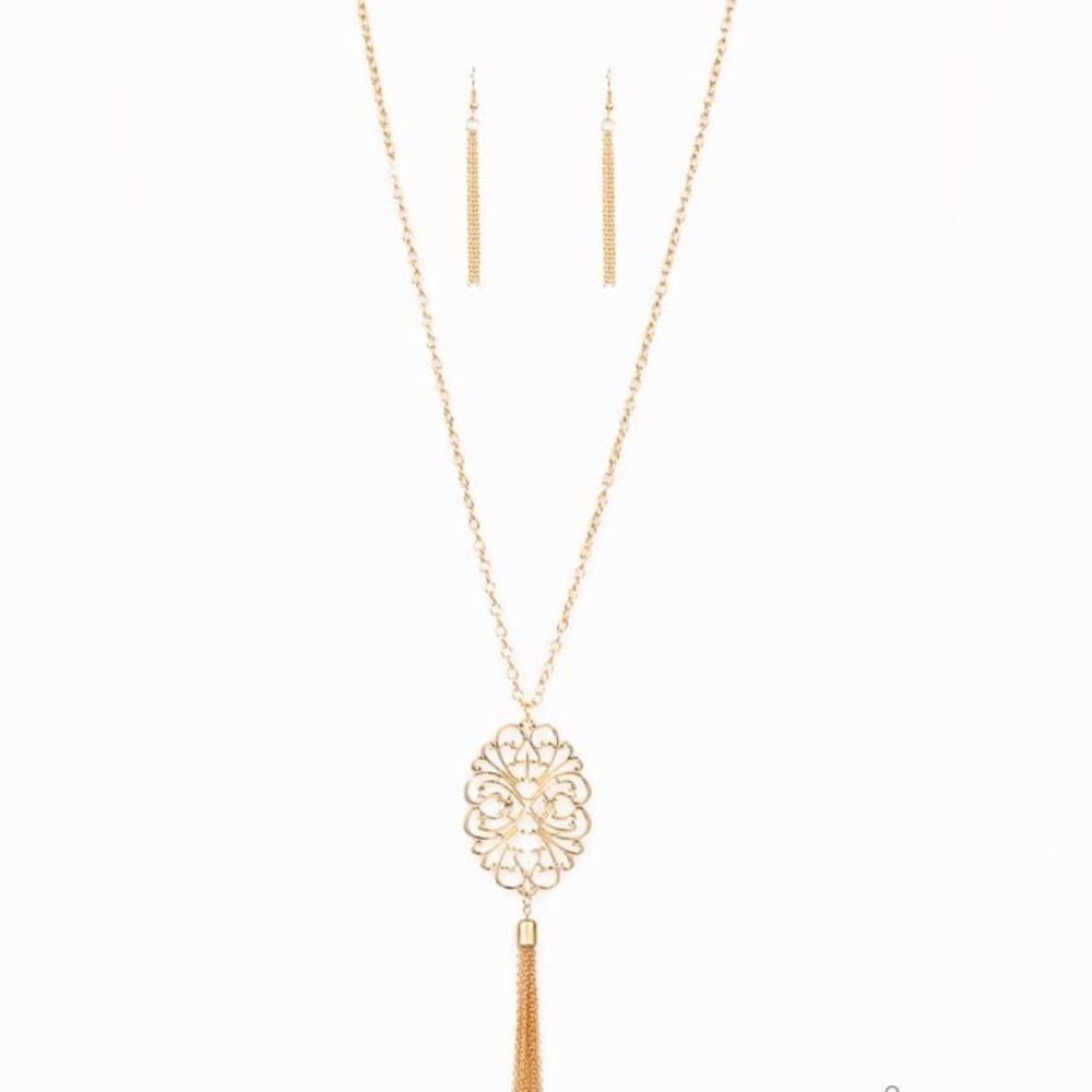 Gold tone KS inspired fashion jewelry with tassel necklace/earrings